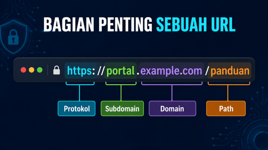 Bagian penting URL meliputi protokol subdomain domain dan path