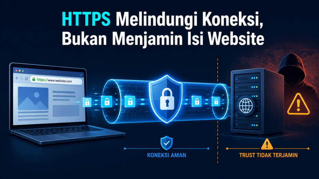 Checklist memeriksa domain, HTTPS, identitas pengelola, dan permintaan data