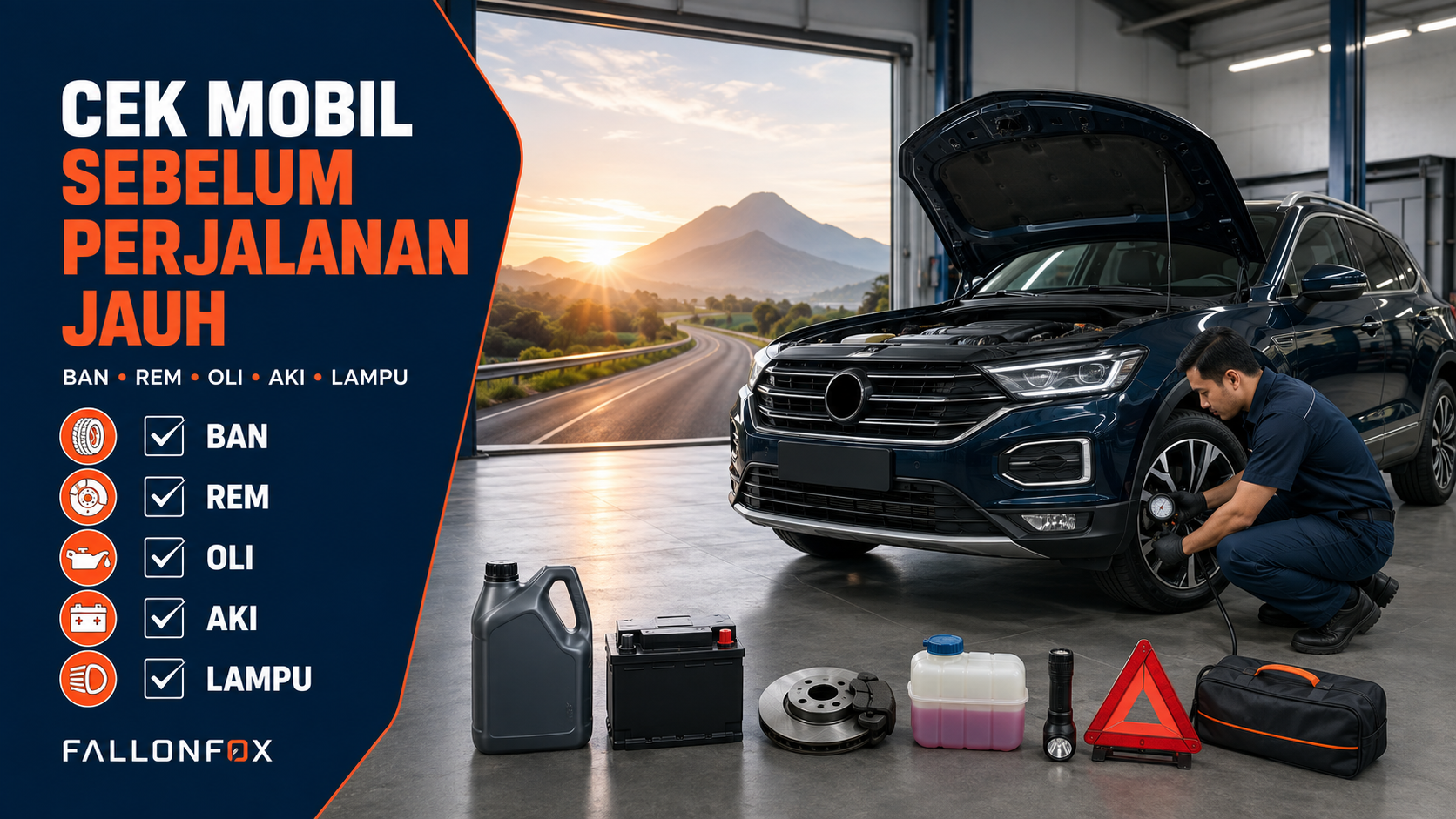 Pemeriksaan komponen mobil sebelum perjalanan jauh