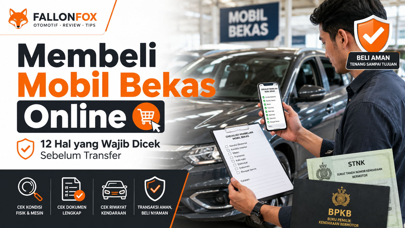 Ilustrasi membeli mobil bekas online dengan checklist pemeriksaan kendaraan, dokumen BPKB STNK, dan tips transaksi aman