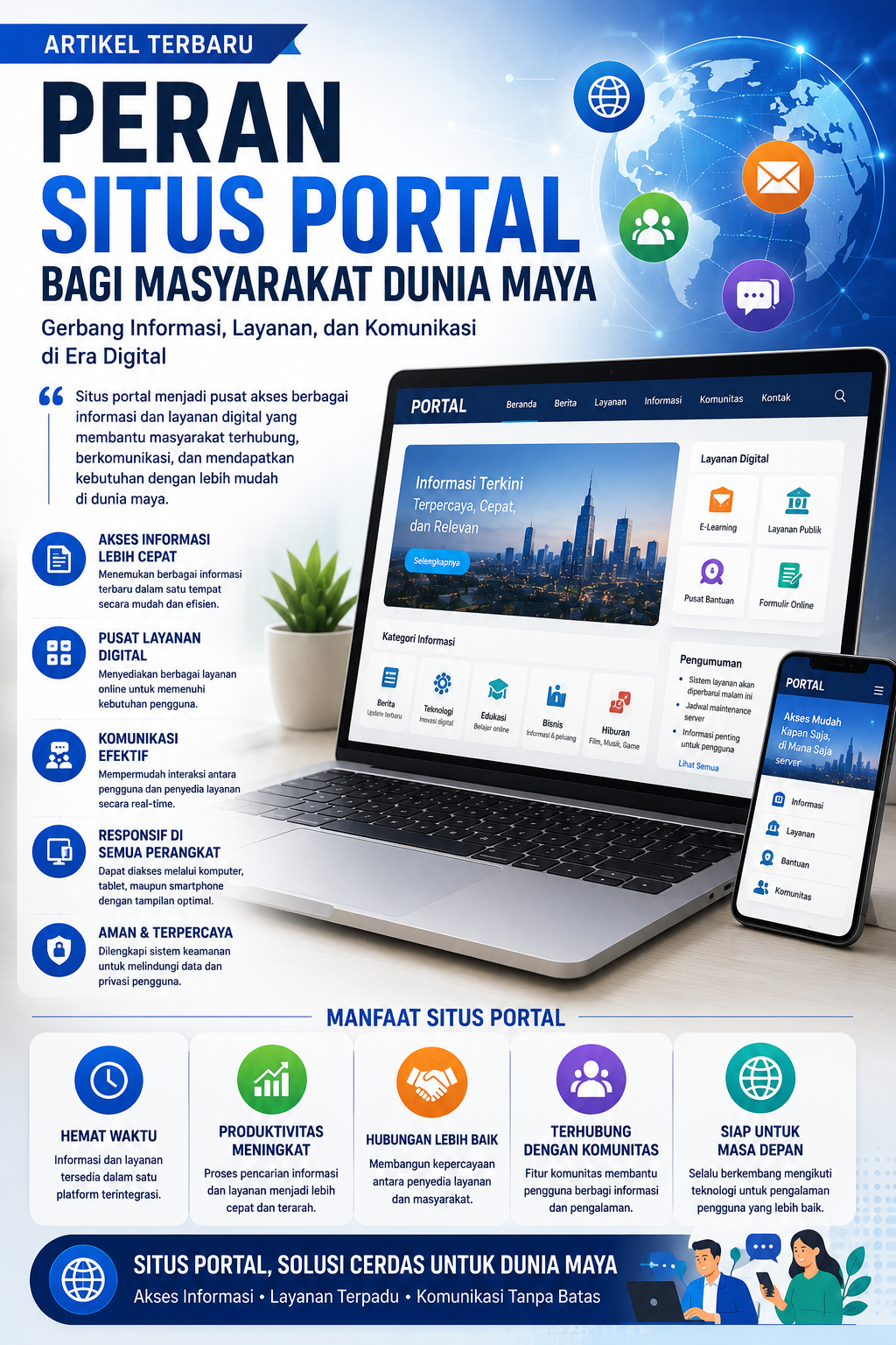 Ilustrasi situs portal digital yang menampilkan akses informasi, layanan online, komunikasi, dan berbagai fitur modern melalui laptop dan smartphone.