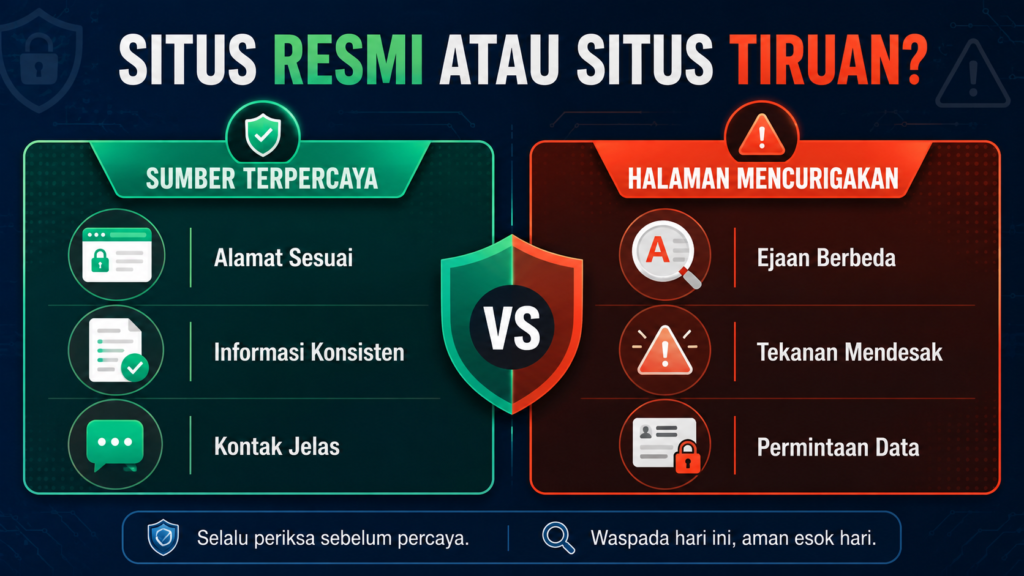 Perbedaan situs resmi dan situs tiruan berdasarkan alamat informasi dan permintaan data
