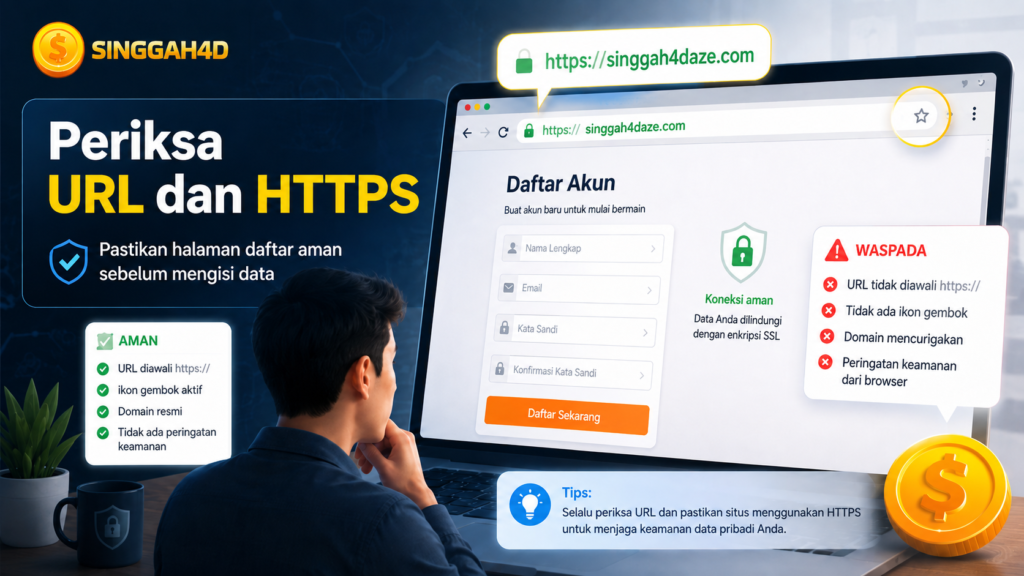 Pemeriksaan URL dan HTTPS pada halaman daftar SINGGAH4D