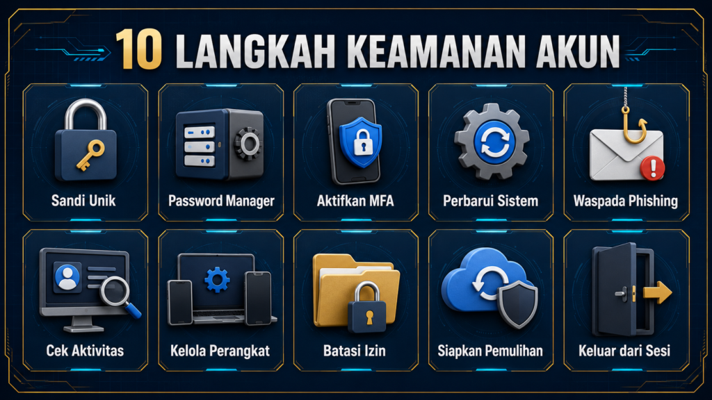 Sepuluh langkah keamanan akun online termasuk sandi unik password manager dan MFA