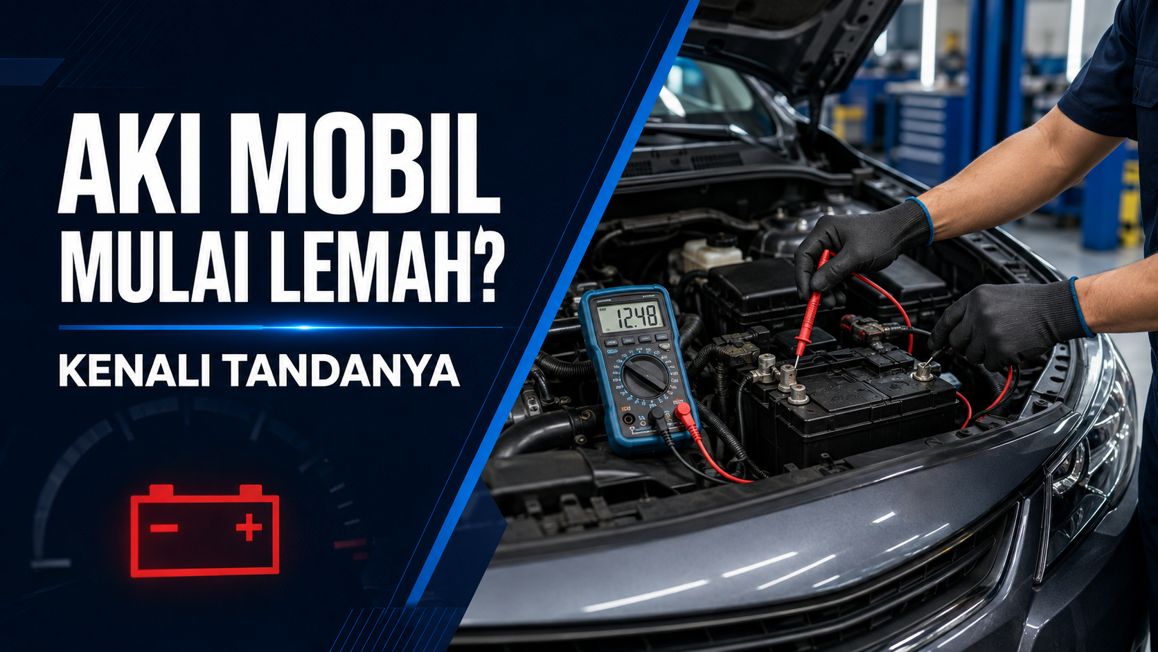 Teknisi memeriksa aki mobil yang mulai lemah menggunakan multimeter